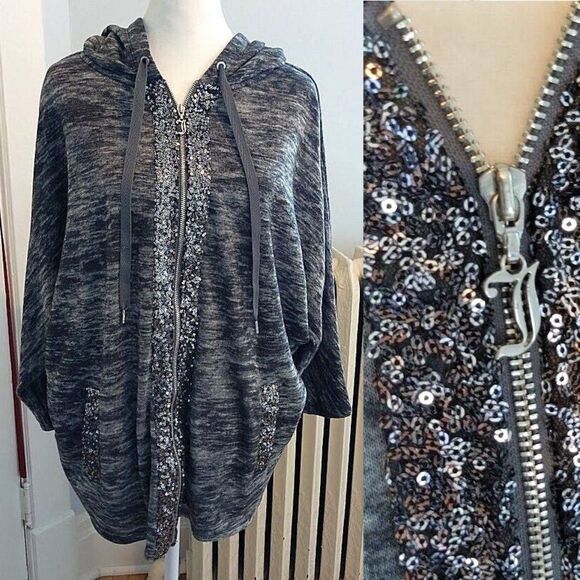Vintage Y2K Juicy Couture Jacket Heathered Gray Sequins Dolman Sleeves Large - Picture 1 of 10